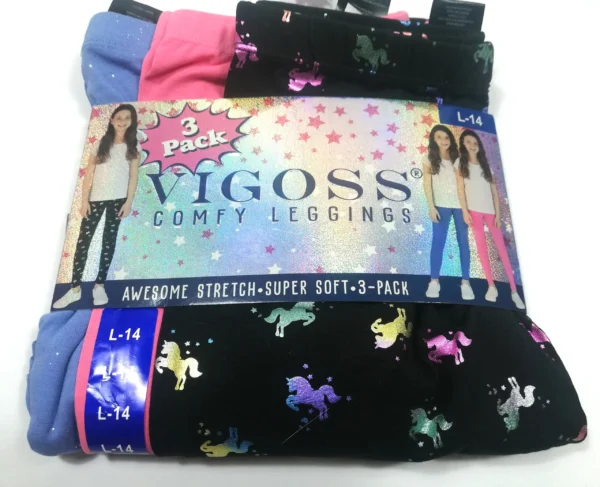Vigoss Youth Girls 3‑Pack Comfy Leggings – Large (14), Mixed Prints (Blue, Unicorn, Pink) - Image 2