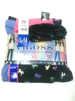 Vigoss Youth Girls 3‑Pack Comfy Leggings – Large (14), Mixed Prints (Blue, Unicorn, Pink)