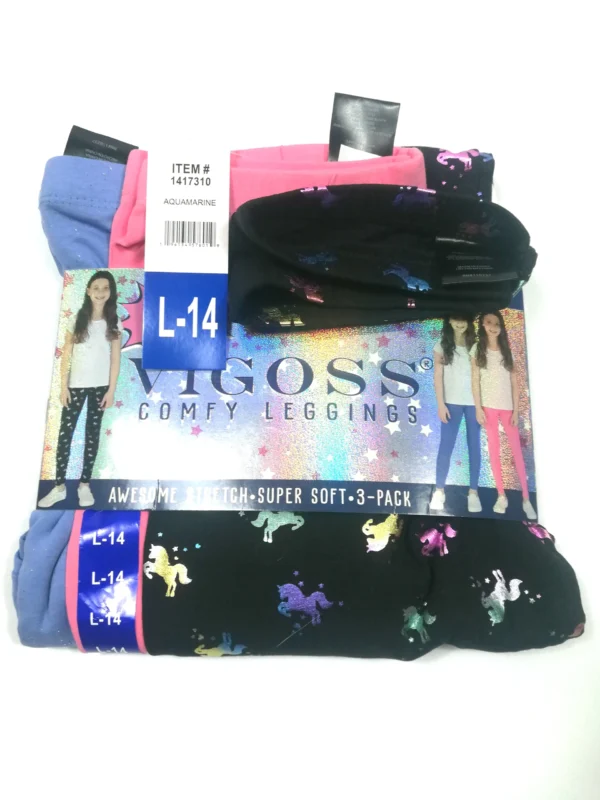 Vigoss Youth Girls 3‑Pack Comfy Leggings – Large (14), Mixed Prints (Blue, Unicorn, Pink)